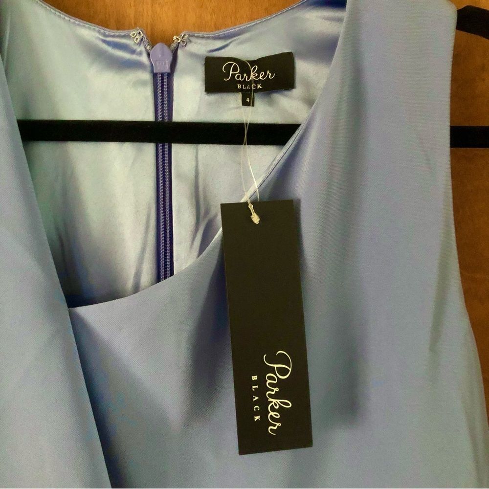 Parker Black Shara Midi Dress Periwinkle Asymmetrical Ruffle NWT Size 4 Cocktail - Picture 5 of 6